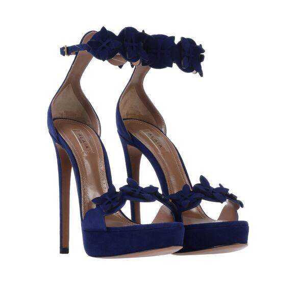 Alaia NEW Blue Suede Floral Ankle Strap Platform Heels Sandals Pumps Size 39 - Picture 2 of 5